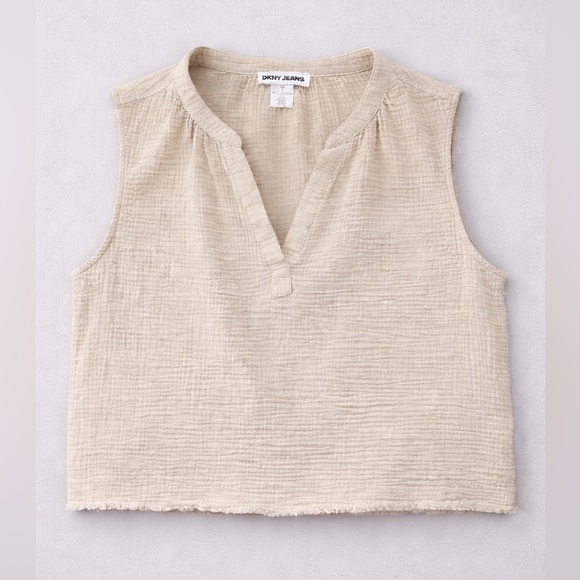Dkny Tops - DKNY Jeans Cream Gauze Sleeveless Top Raw Hem Textured V-Neck Size M